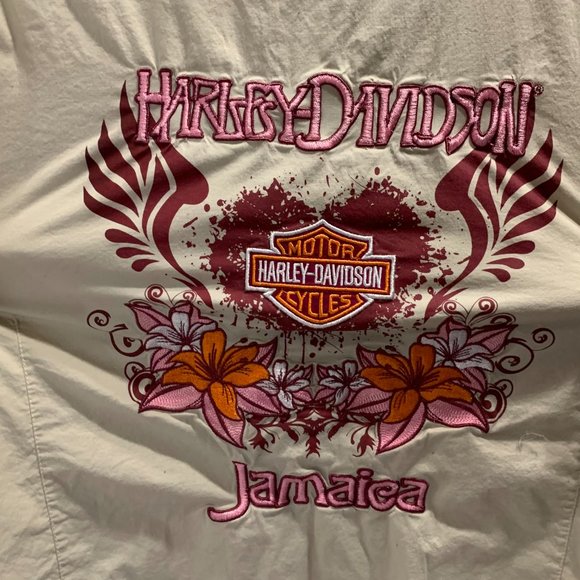 Harley Davidson Jamaica Embroidered Short Sleeve Button Front Shirt Tan Size L - Picture 8 of 8